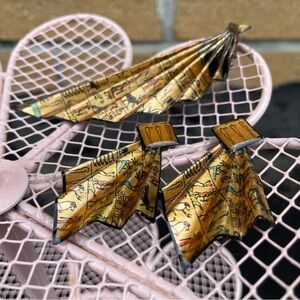 Egyptian Theme Folded Paper Fan Earrings & Brooch Pin Gold Black Hieroglyphics
